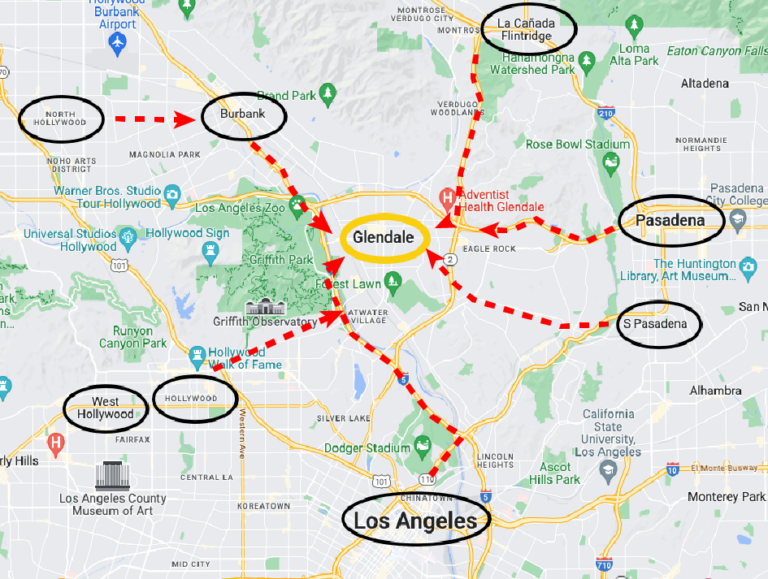 The proximity of other cities and neighborhoods to Glendale, CA for TMS (pasadena, Burbank,, La Canada)